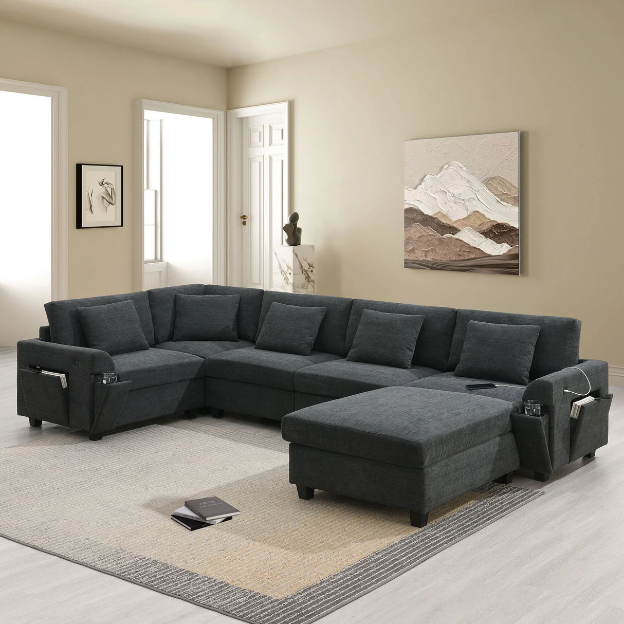 U Shaped Sectional Sofa 6 Seat Couch Set With Oversized Ottoman, Hidden Armrest Storage And Cup Holders USB Charging Ports Wide Seat Sofa - Furniture Home Direct