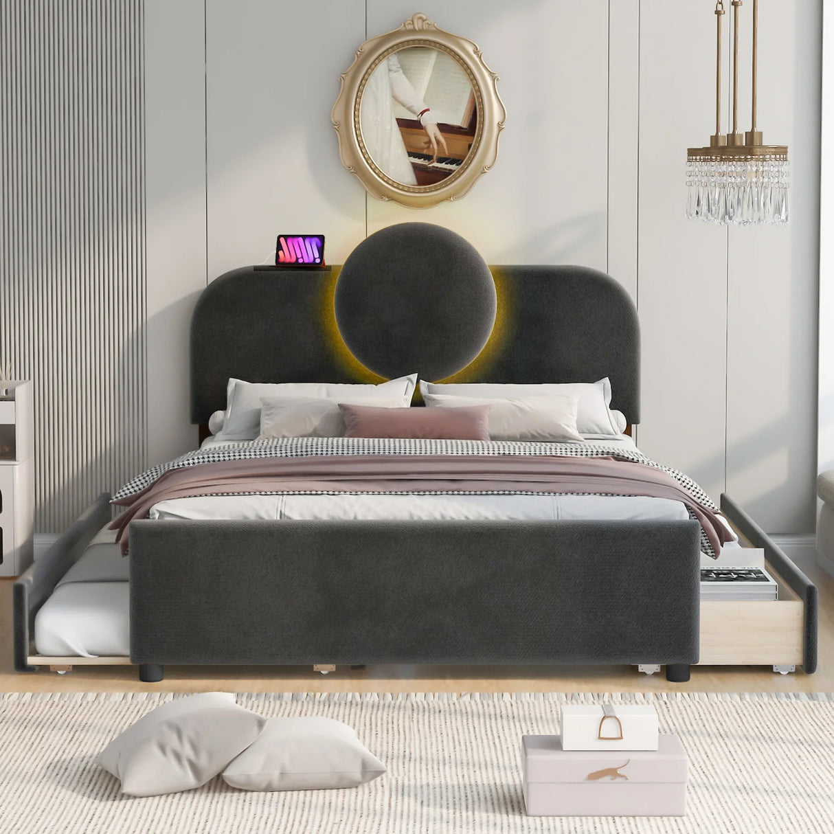 Platform Bed Upholstered With Storage Drawers Trundle Gray - Furniture Home Direct