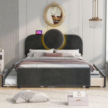 Platform Bed Upholstered With Storage Drawers Trundle Gray - Furniture Home Direct