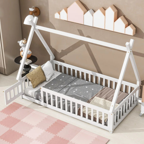 Tent-Shaped Floor Bed, With Guardrails, Slats, Door - Furniture Home Direct