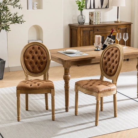 French Style Solid Wood Frame Antique Painting, Hand-Pulled Buckle Decoration PU Artificial Leather Dining Chair With Nailhead Trim, Wood Legs - Furniture Home Direct