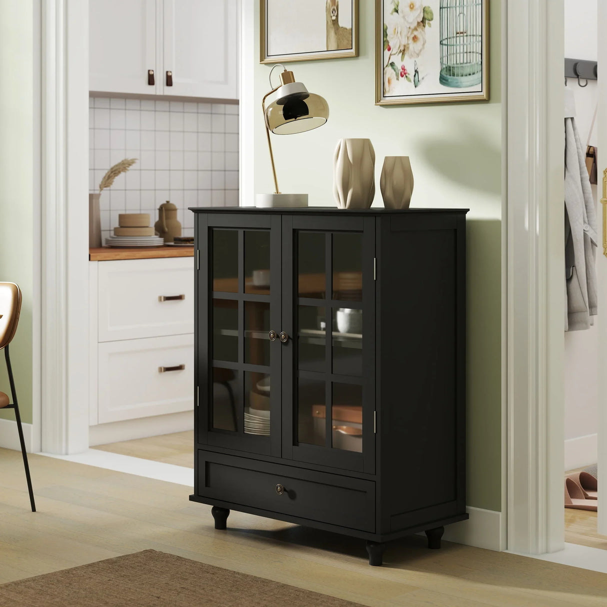 Minimalist Buffet Cabinet With Double Glass Doors And Drawer - Furniture Home Direct