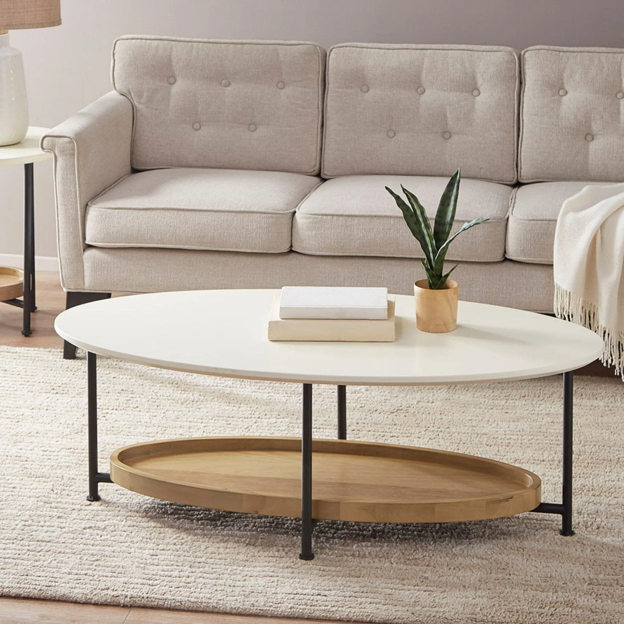 Oval Coffee Table With Metal Legs - White / Natural - Furniture Home Direct