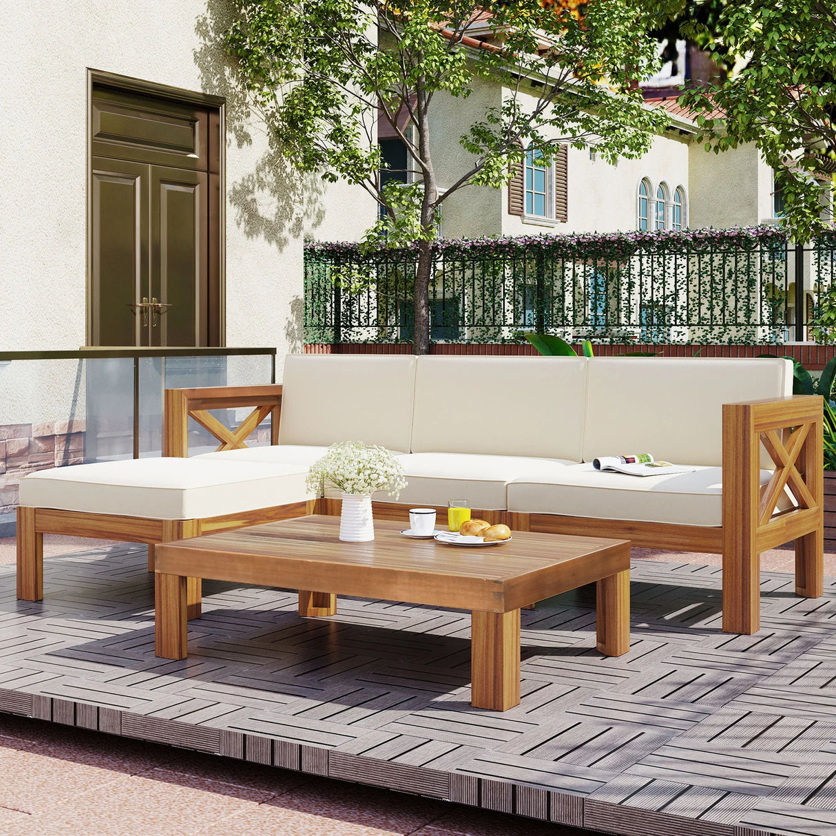 Outdoor 5-Piece Sectional Set with Cushions, Natural Finish+ Beige Cushions - Furniture Home Direct