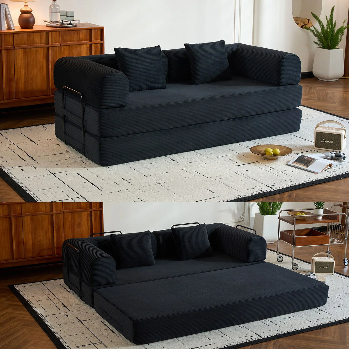 Convertible Sleeper Sofa Bed With Cylindrical Pillow, With Fixed Shape Frame - Furniture Home Direct