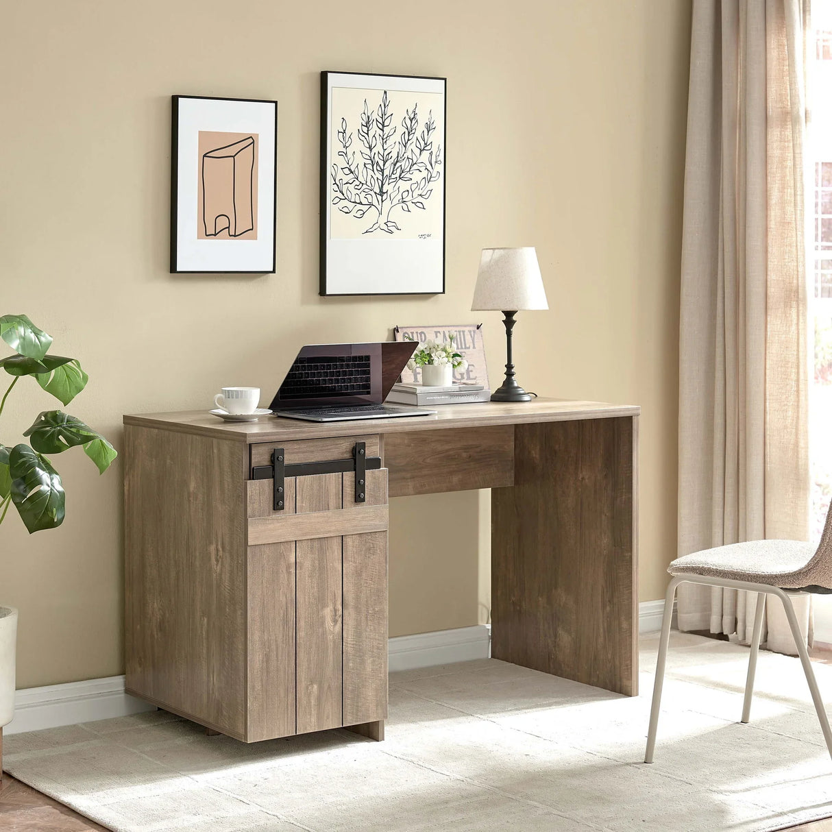 Home Office Desk Hazelnut One Cabinet Three Shelves Faux Barn Door On Metal Euro Hinges Modesty Panel - Light Brown - Furniture Home Direct