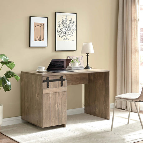 Home Office Desk Hazelnut One Cabinet Three Shelves Faux Barn Door On Metal Euro Hinges Modesty Panel - Light Brown - Furniture Home Direct