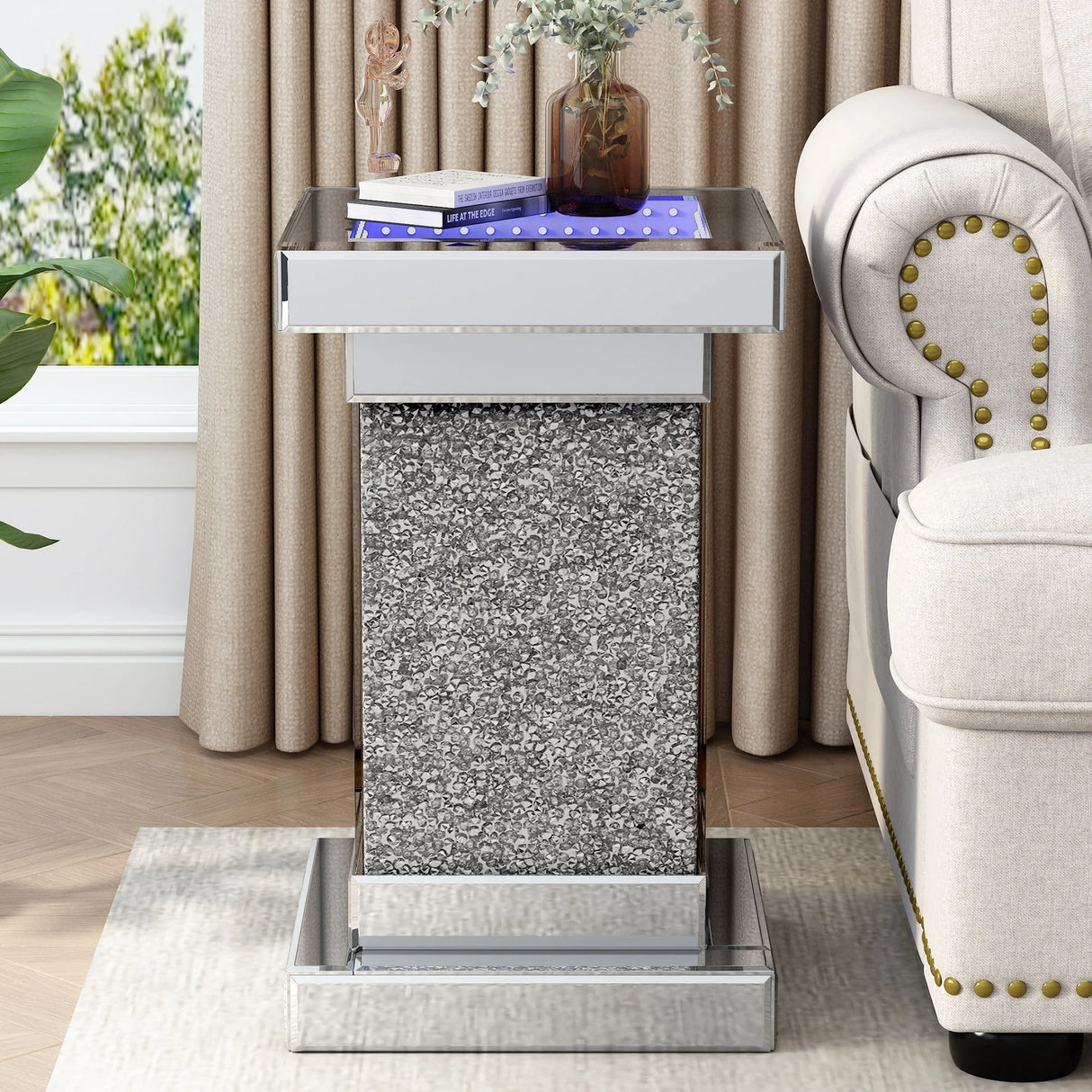 Square Mirrored End Table With Led Lights, Modern Side Table With Crystal Inlay For Living Room - Furniture Home Direct