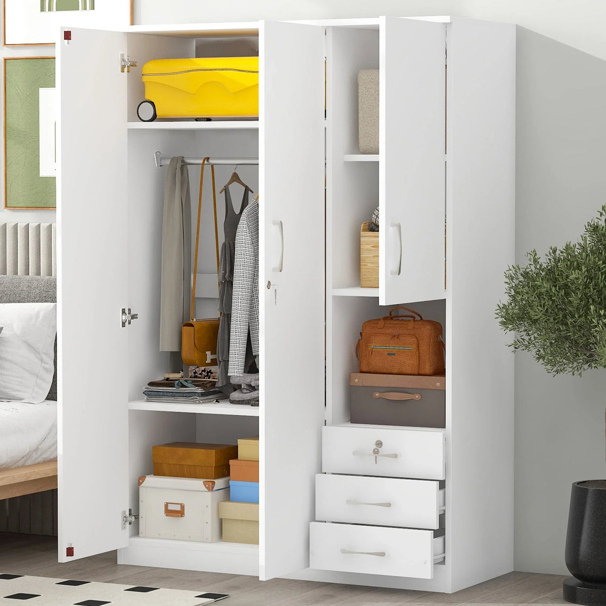 2 Doors Wardrobe Storage For Bedroom With Shelves And 3 Drawers - Furniture Home Direct