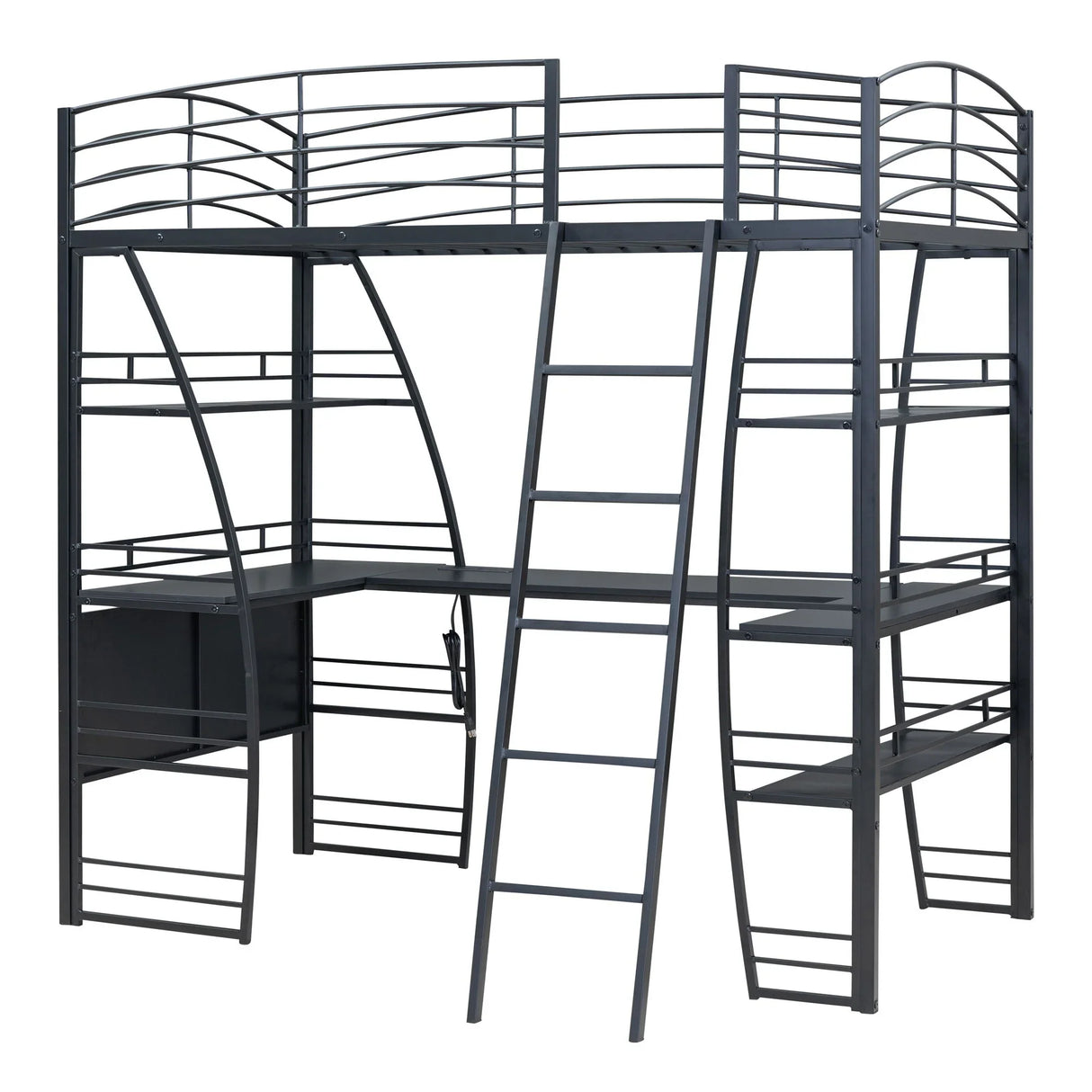 Loft Bed With 4 Layers Of Shelves And L-Shaped Desk, Stylish Metal Frame Bed With A Set Of Sockets, USB Ports And And Wireless Charging - Furniture Home Direct