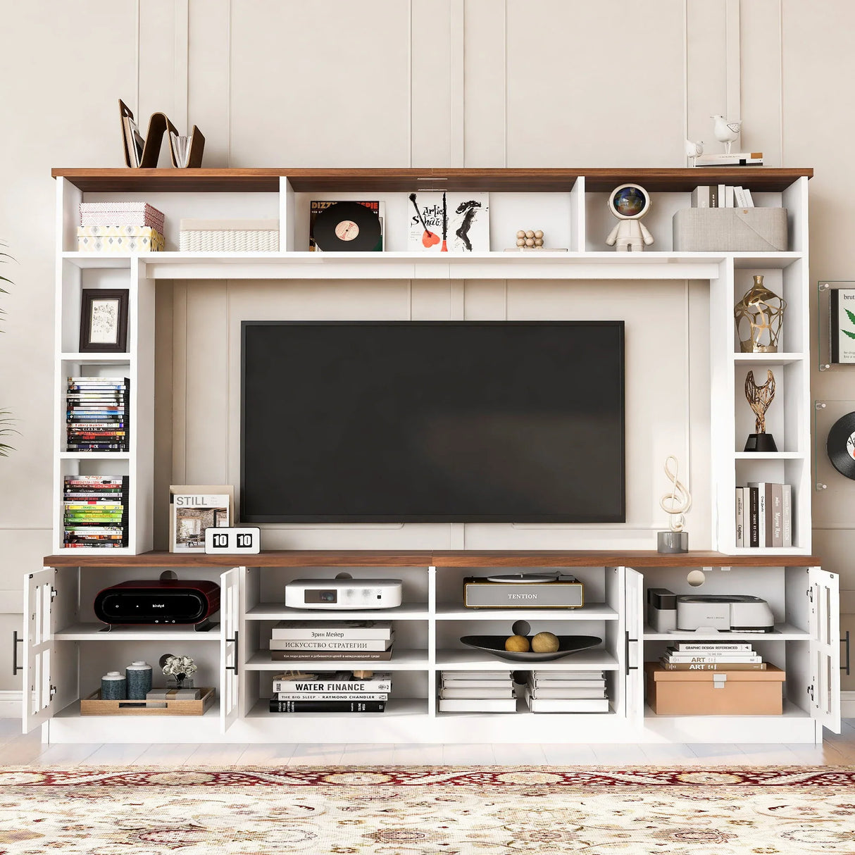 Wall Unit Entertainment Center With Bookshelves For TVs Up To 80", Tempered Glass Doors And Adjustable Shelves - Furniture Home Direct