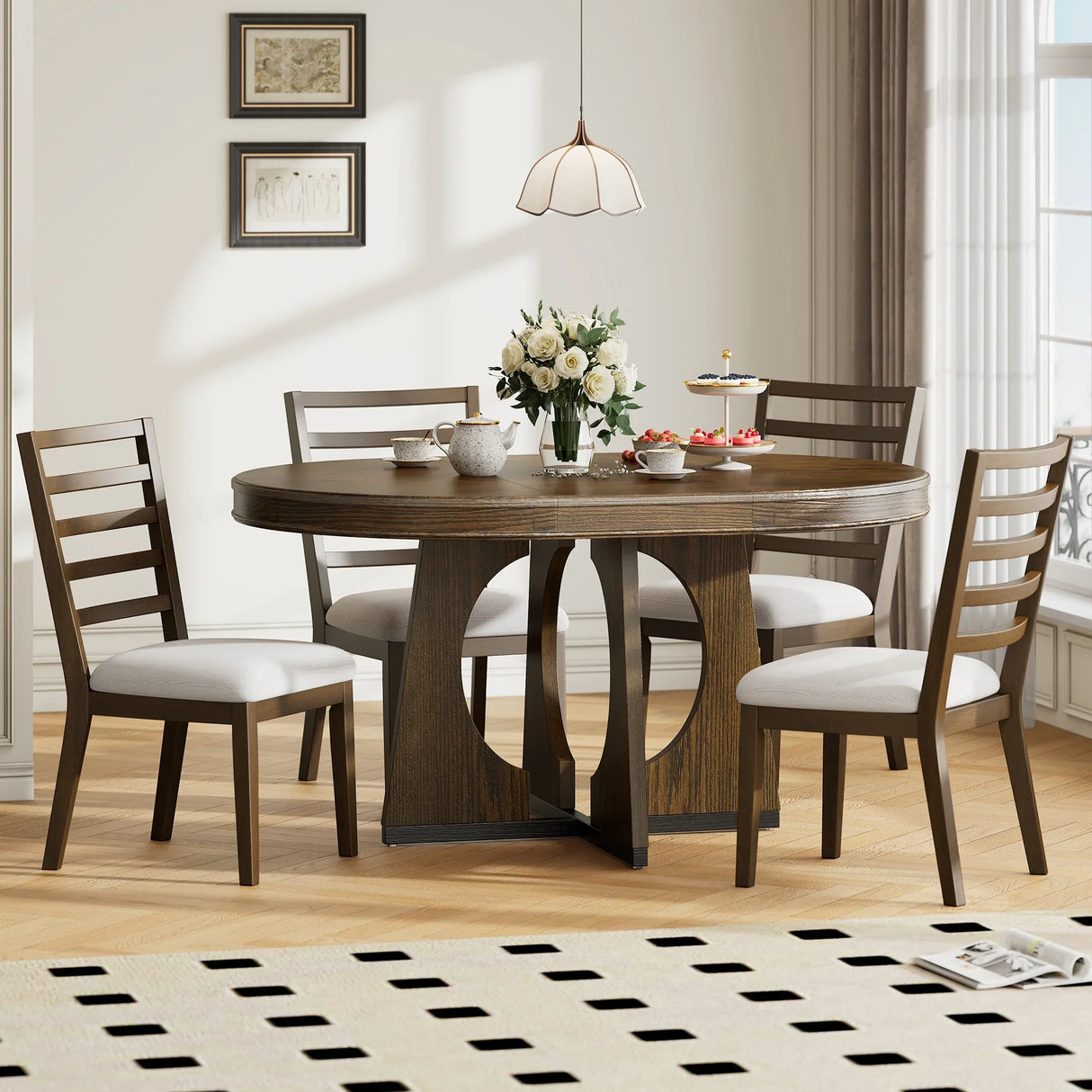Dining Set Round Table With Four Upholstered Chairs Walnut - Furniture Home Direct