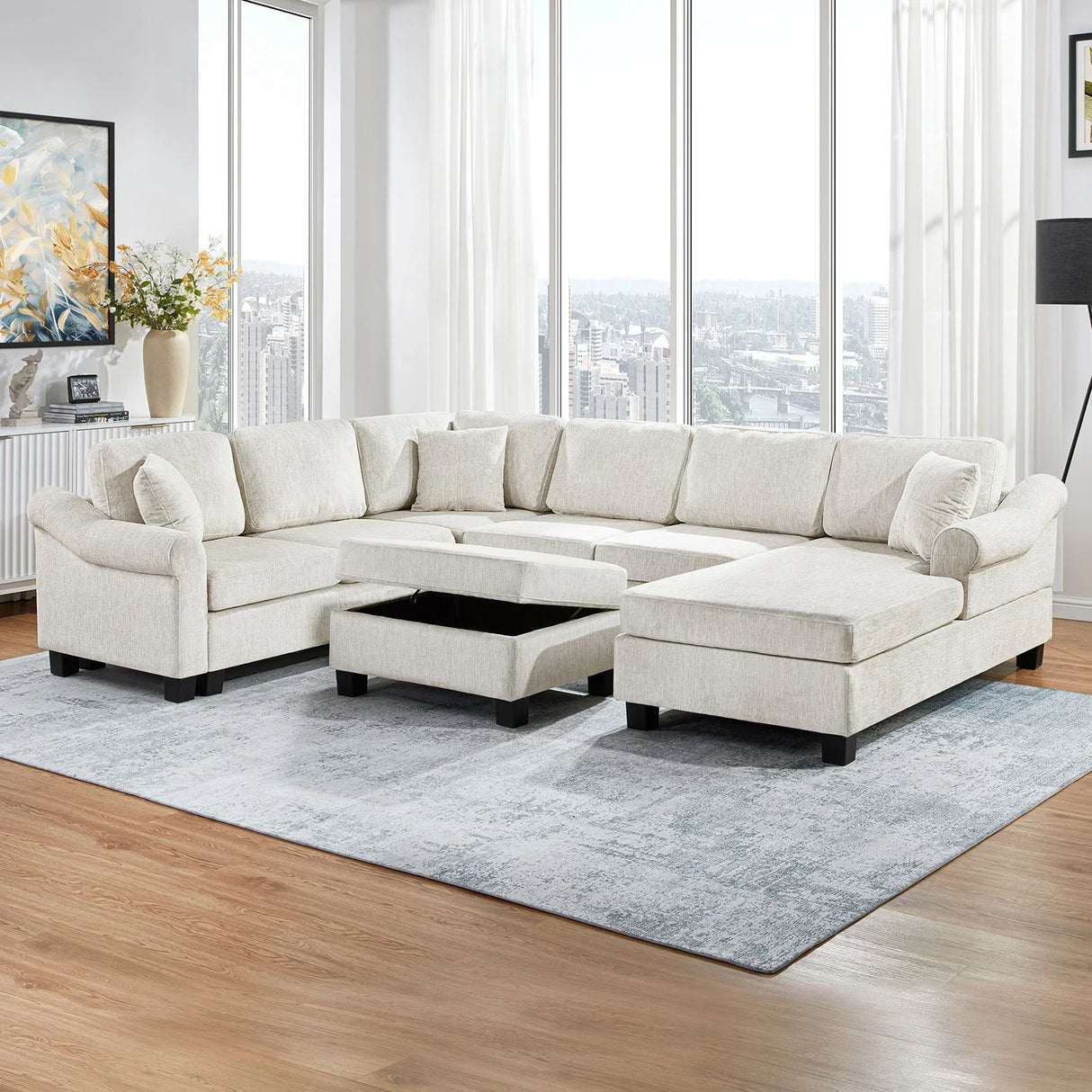 Contemporary U - Shaped Sectional Sofa With Movable Storage Ottoman - Furniture Home Direct