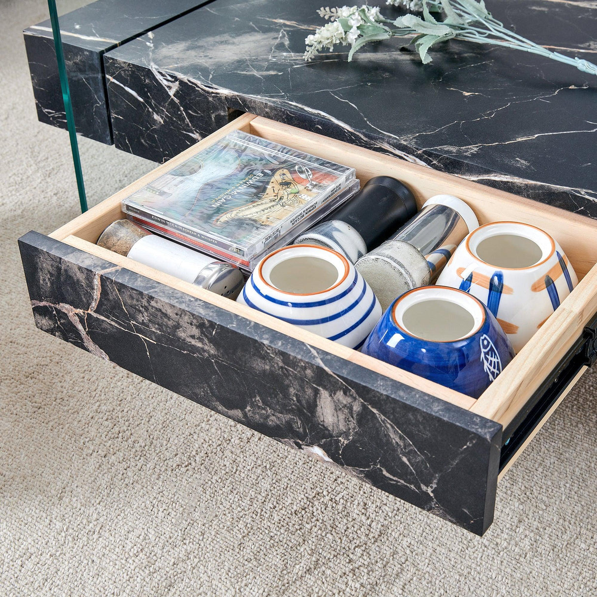 Coffee Table Two-Tier Glass With Solid Marble Base Black - Furniture Home Direct