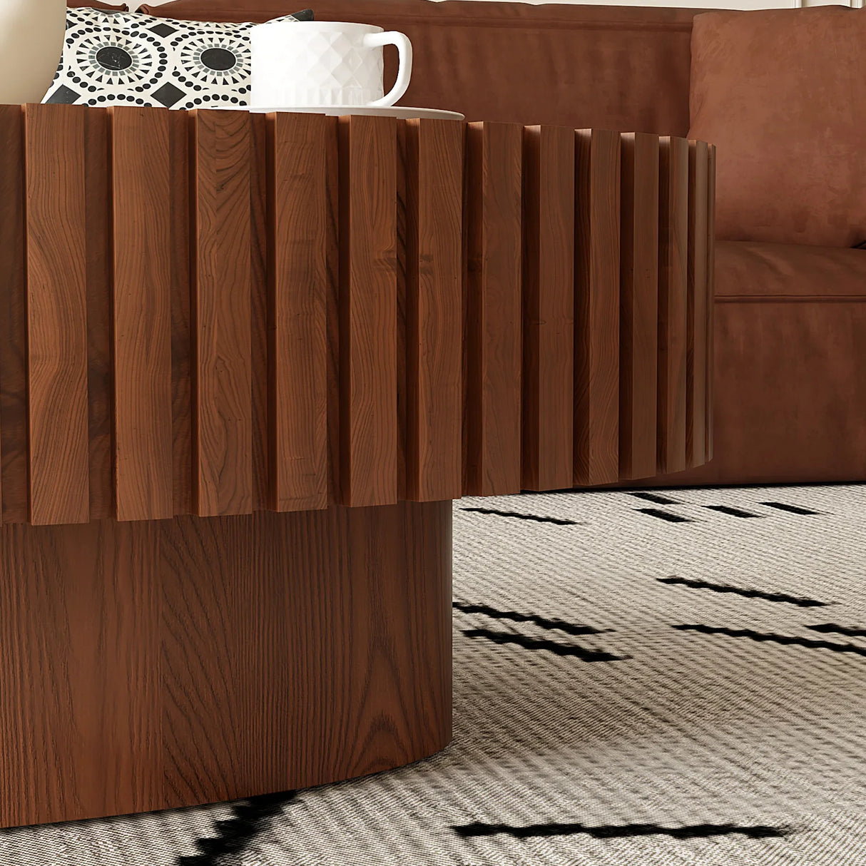 Coffee Table Oval Wood Slatted Rivet Detail Modern Brown - Furniture Home Direct