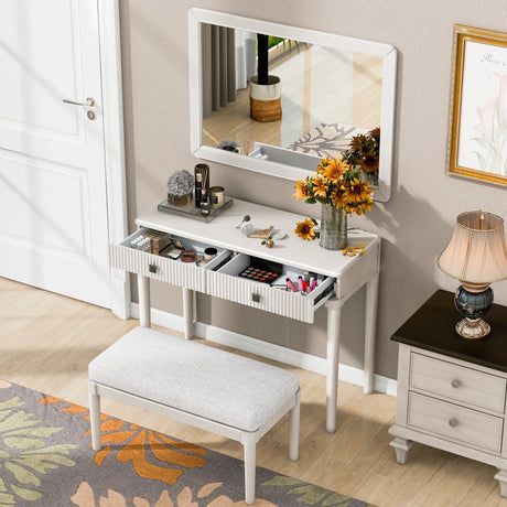 Vanity Desk With Large Mirror And Upholstered Stool White - Furniture Home Direct