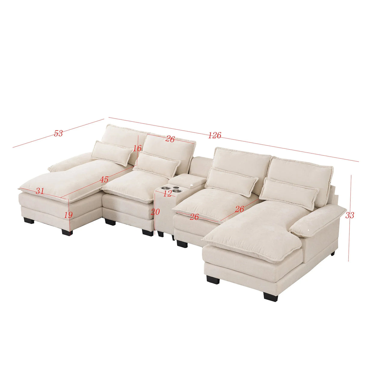 U Shaped Sofa With Console, Cupholders, USB Ports, 6 Seat, Bronzing Suede & Chenille - Furniture Home Direct
