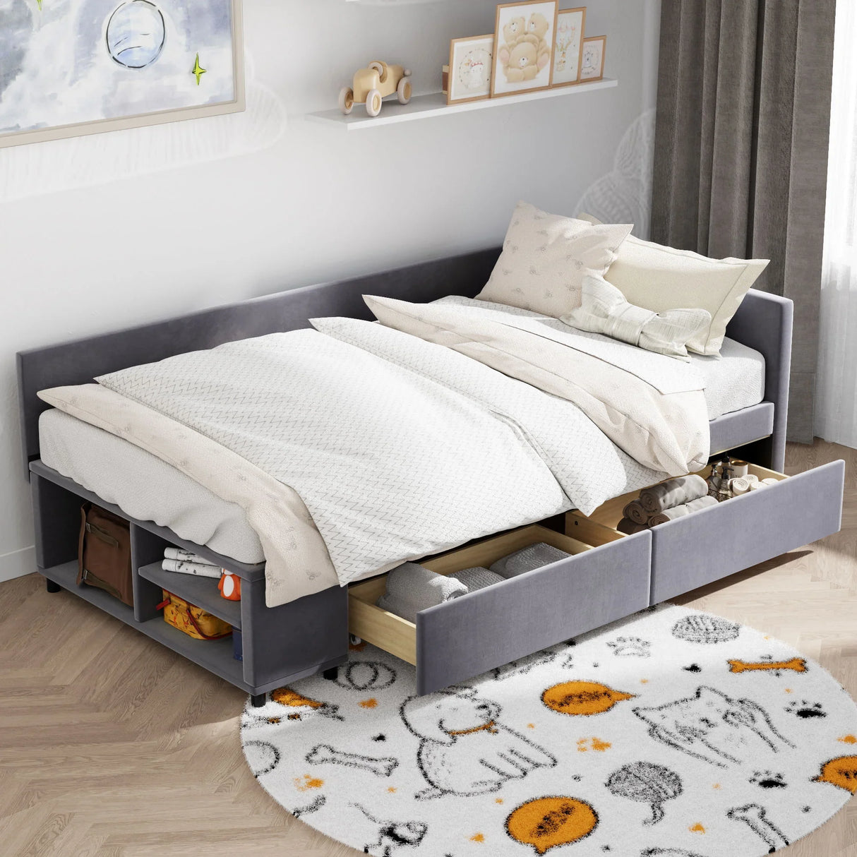 L Shaped Upholstered Platform Bed With Storage And Drawers - Furniture Home Direct