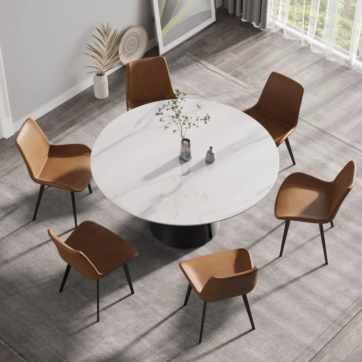 59.05" Modern Artificial Stone Round Carbon Steel Base Dining Table - White / Black - Furniture Home Direct