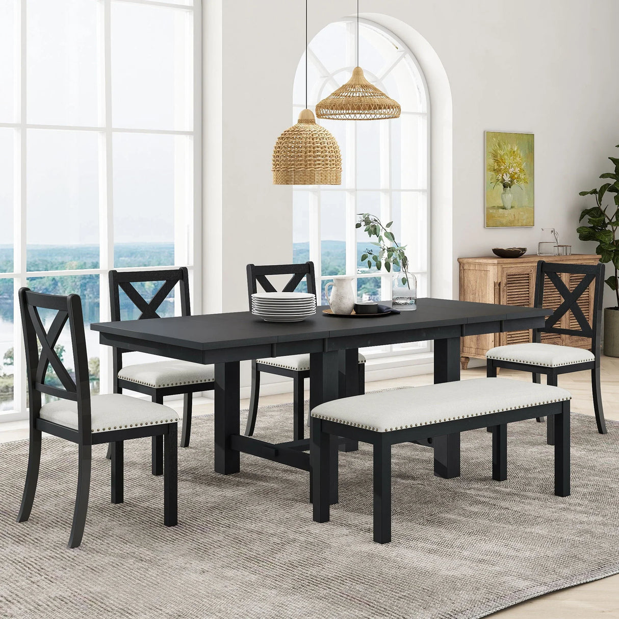 Topmax - 6 Piece Farmhouse Extendable Dining Table With Footrest, 4 Upholstered Dining Chairs And Dining Bench, Two 11" Removable Leaf - Furniture Home Direct