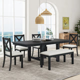 Topmax - 6 Piece Farmhouse Extendable Dining Table With Footrest, 4 Upholstered Dining Chairs And Dining Bench, Two 11" Removable Leaf - Furniture Home Direct