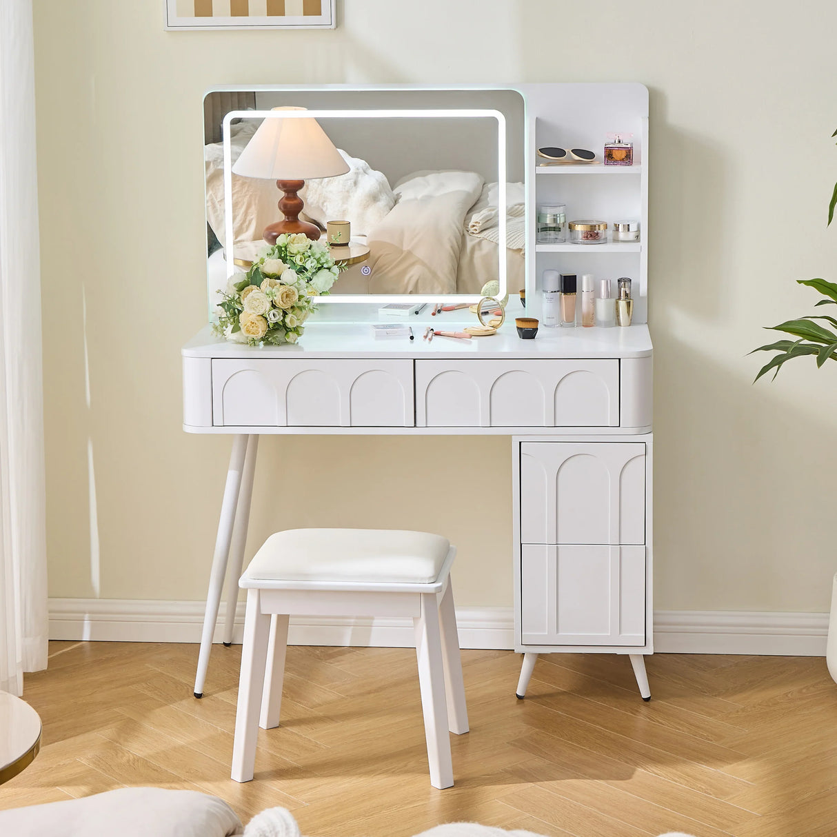 Vanity Desk With LED Mirror And Stool With Storage White - Furniture Home Direct
