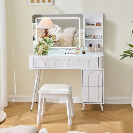 Vanity Desk With LED Mirror And Stool With Storage White - Furniture Home Direct