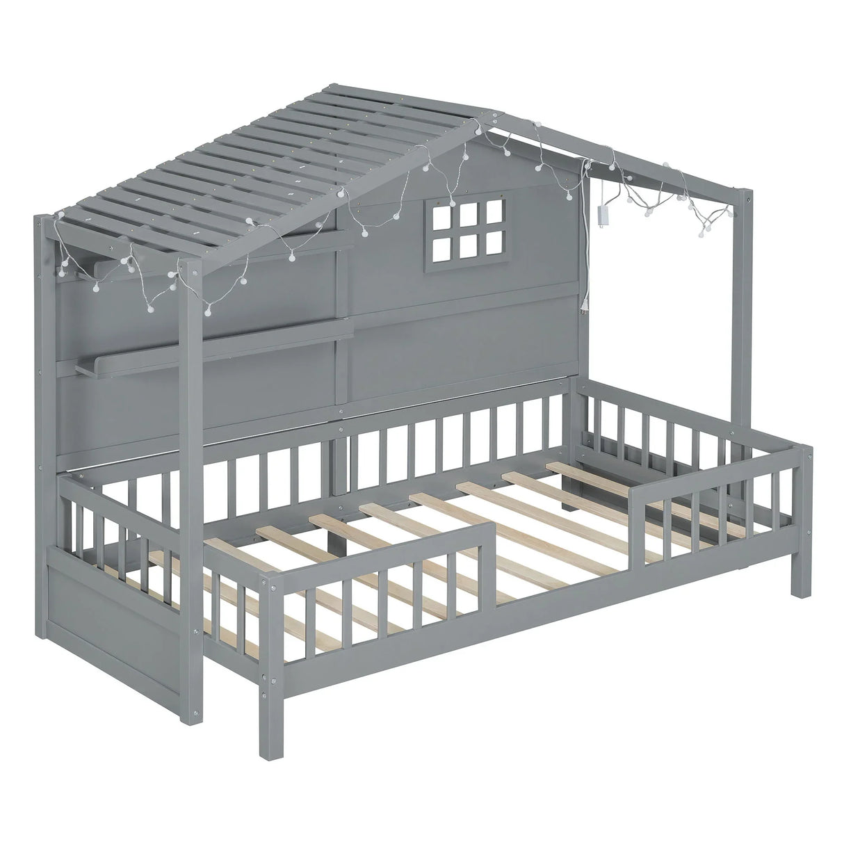 House Bed With Shelves, Window And Sparkling Light Strip On The Roof - Furniture Home Direct