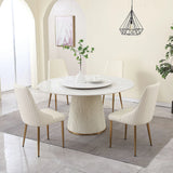 Modern Sintered Stone Dining Table With Turntable And Wood Metal Pedestal With 4 Chairs - Beige / White - Furniture Home Direct