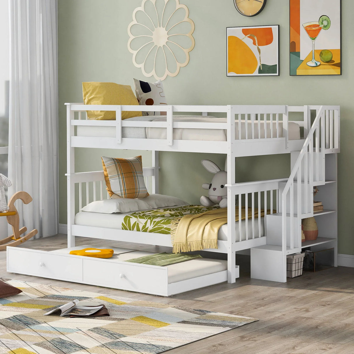 Stairway Bunk Bed With Storage And Guard Rail For Bedroom - Furniture Home Direct
