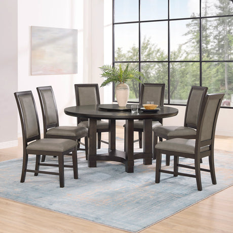 Dining Set Round Table Upholstered Chairs Seats Six Brown - Furniture Home Direct