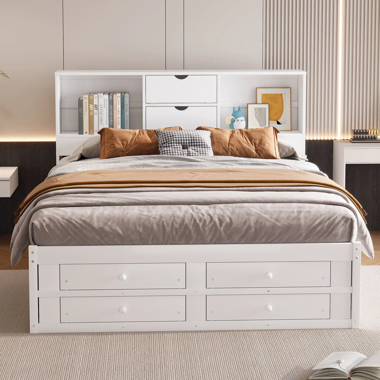 Queen Size Platform Bed With Storage Headboard And 8 Drawers - Gray - Furniture Home Direct