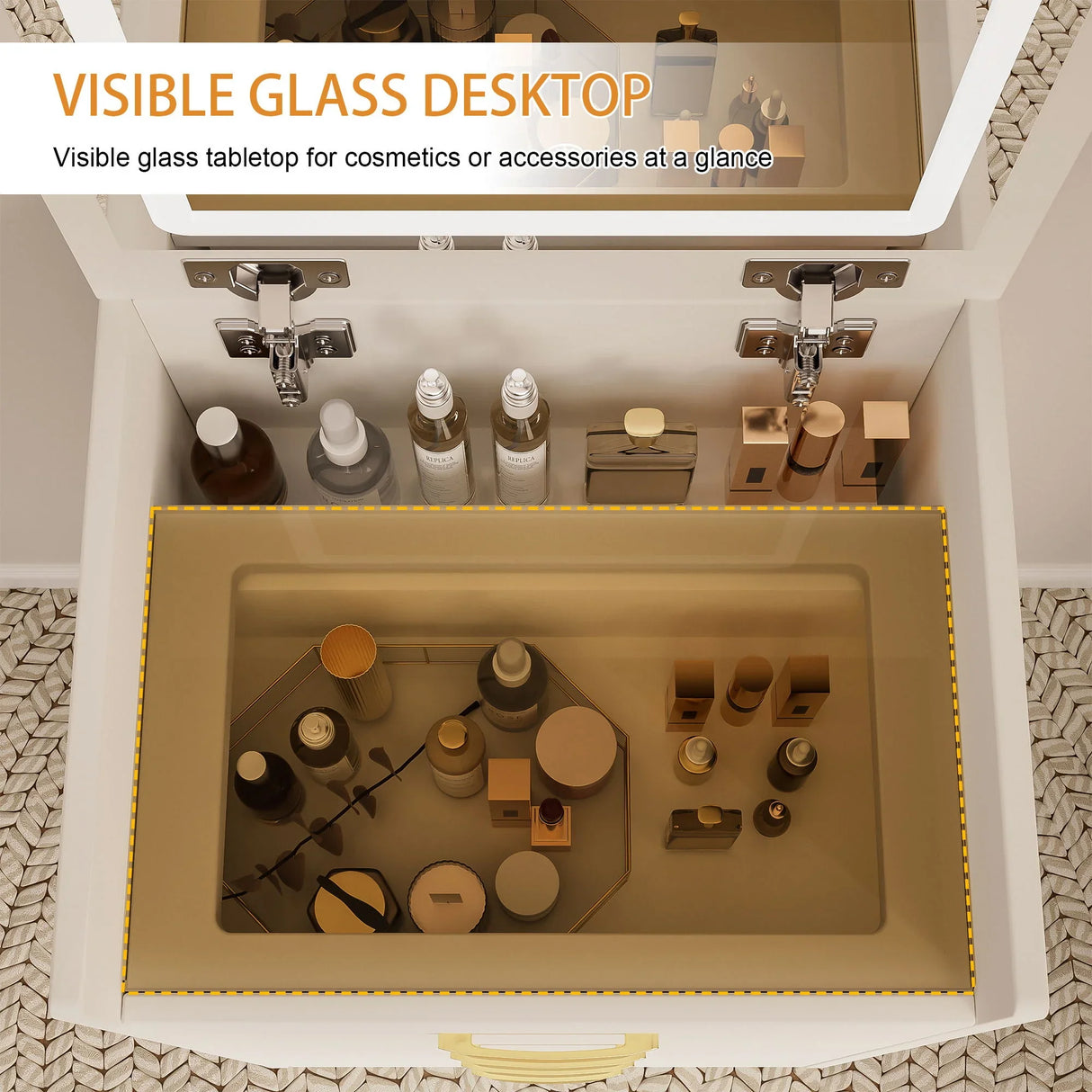 Compact 3 In 1 Vanity Desk With Open Top Mirror, Glass Desktop, 5 Height - White - Furniture Home Direct