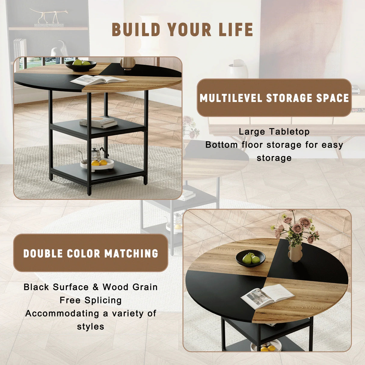 Dining Set Round Table With 4 Chairs Wood Top Black - Furniture Home Direct