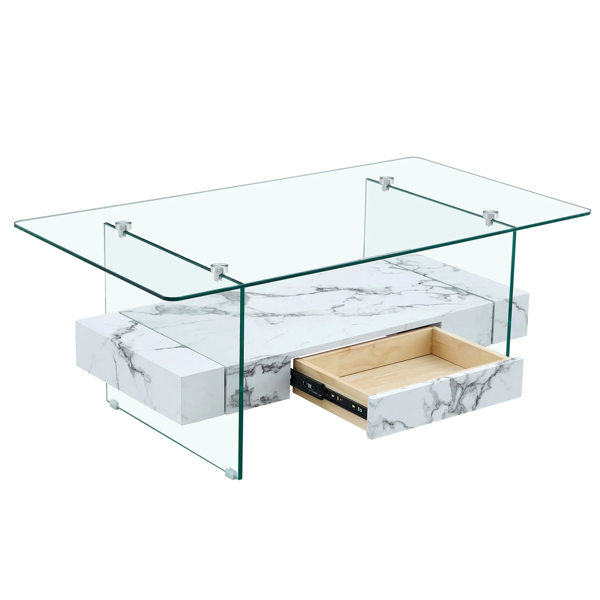 Coffee Table Glass Top Marble Base Modern Style White - Furniture Home Direct