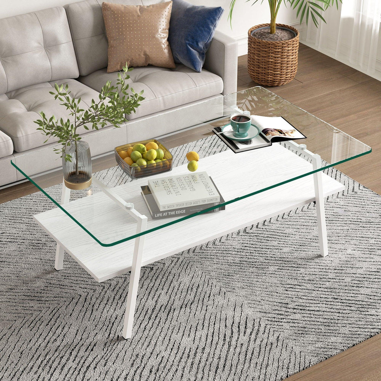 Rectangle Coffee Table, Tempered Glass Tabletop With Metal Legs, Modern Table For Living Room - Furniture Home Direct