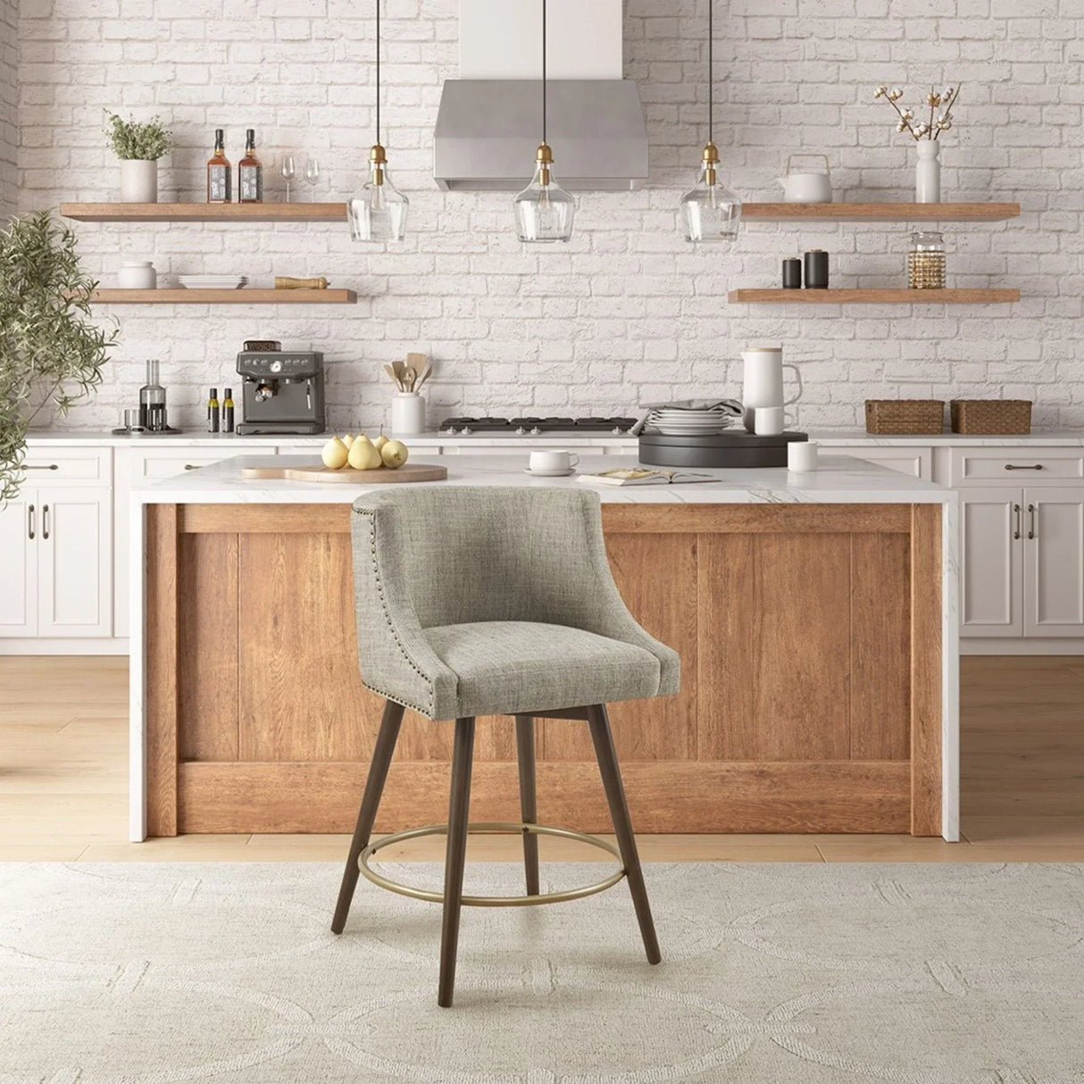 Swivel Counter Stool With Antique Bronze Detailing - Beige Multi - Furniture Home Direct