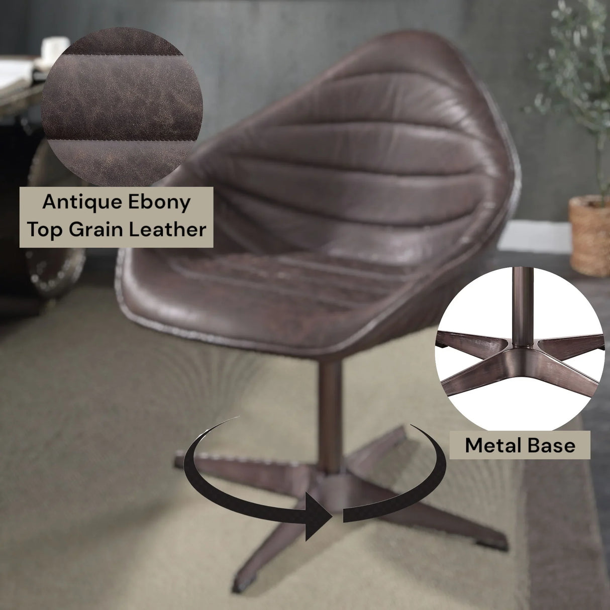 Pipino - Top Grain Leather Accent Chair With Swivel - Antique Ebony - Furniture Home Direct