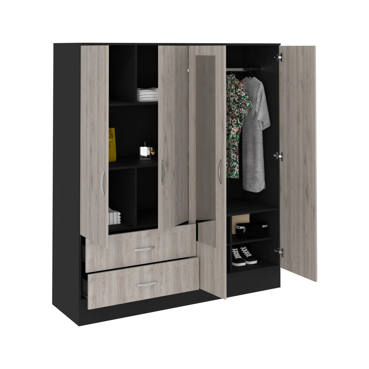 Armoire With Full Length Mirror Doors And Drawers Beige - Furniture Home Direct