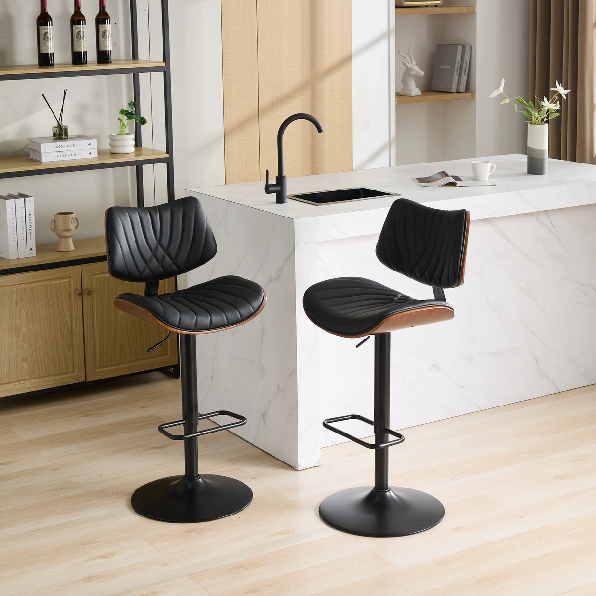 Counter Stool Adjustable PU Leather Upholstered Black - Furniture Home Direct