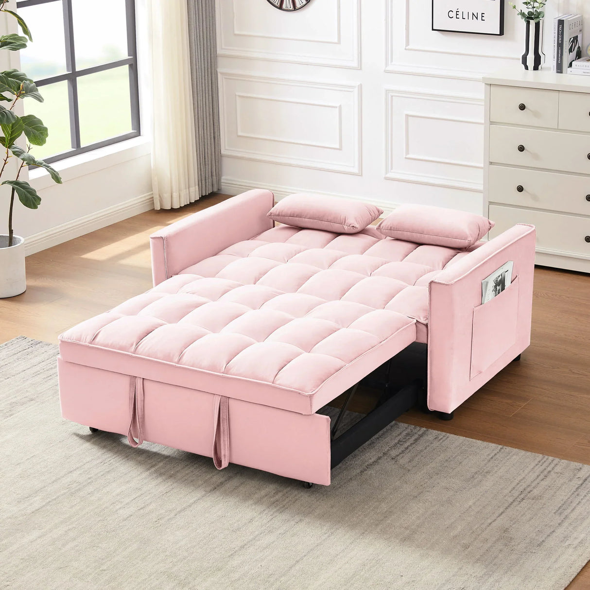 Modern Velvet Convertible Loveseat Futon Sofa With Pullout Bed, Reclining Backrest - Furniture Home Direct