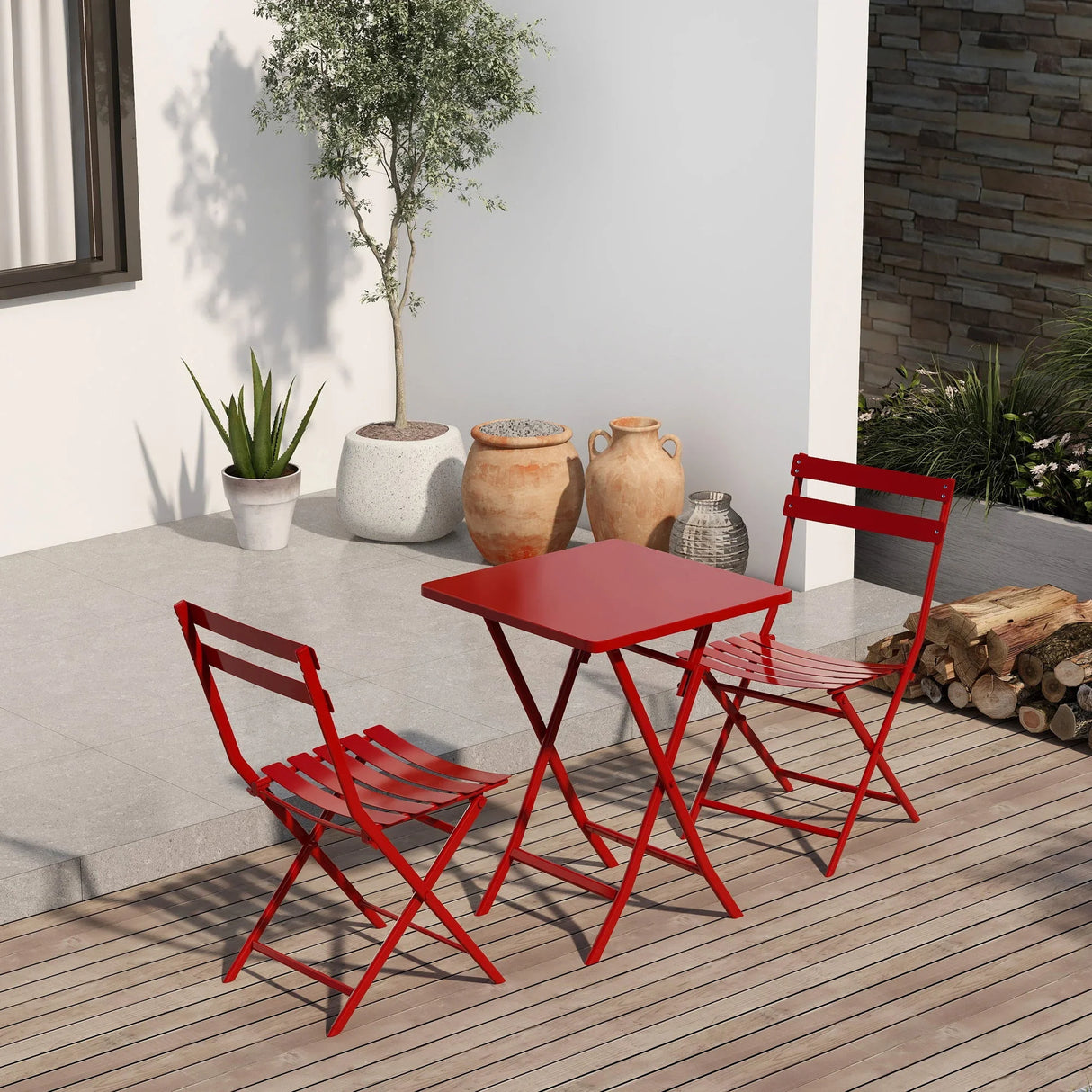 3 Piece Patio Bistro Set Of Foldable Square Table And Chairs - Furniture Home Direct