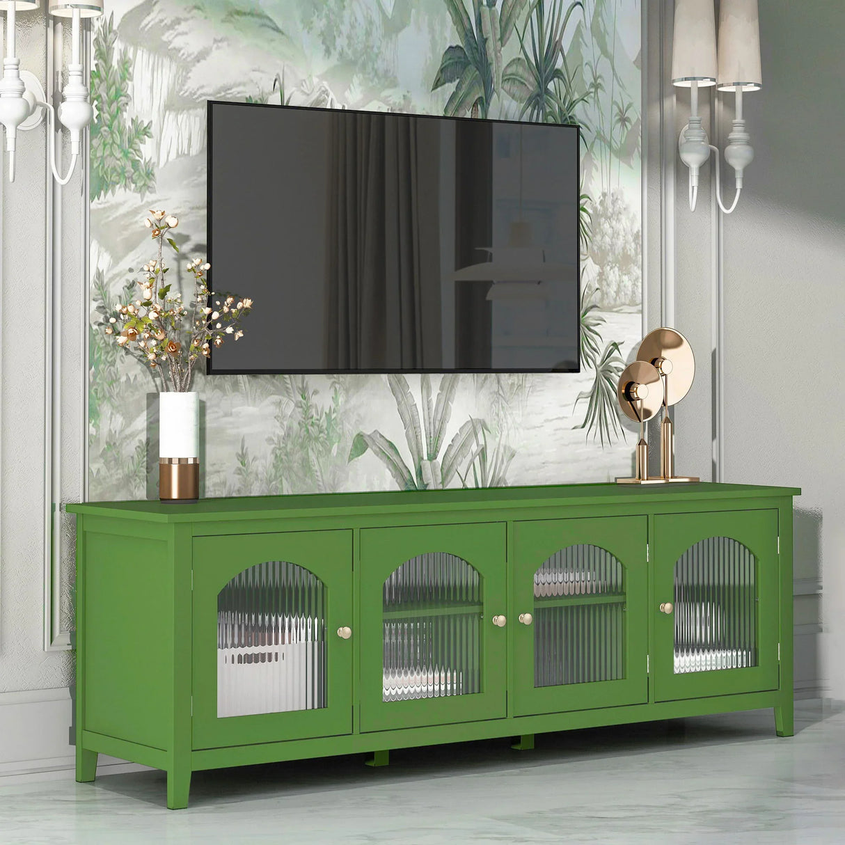 StylishTVcabinet Entertainment CenterTV Stand, TVconsoletable, Media Console, Solidwood Frame, Changhong Glass Door, Metal Handle - Furniture Home Direct