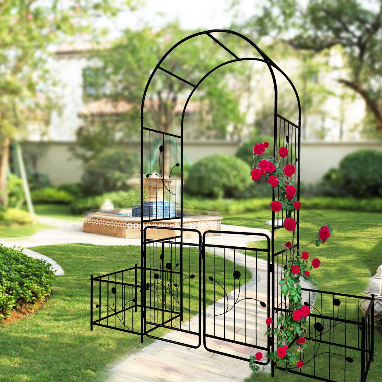Metal Garden Arch With Gate Wide High Climbing Plants Support Rose Arch Outdoor - Black - Furniture Home Direct