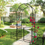 Metal Garden Arch With Gate Wide High Climbing Plants Support Rose Arch Outdoor - Black - Furniture Home Direct