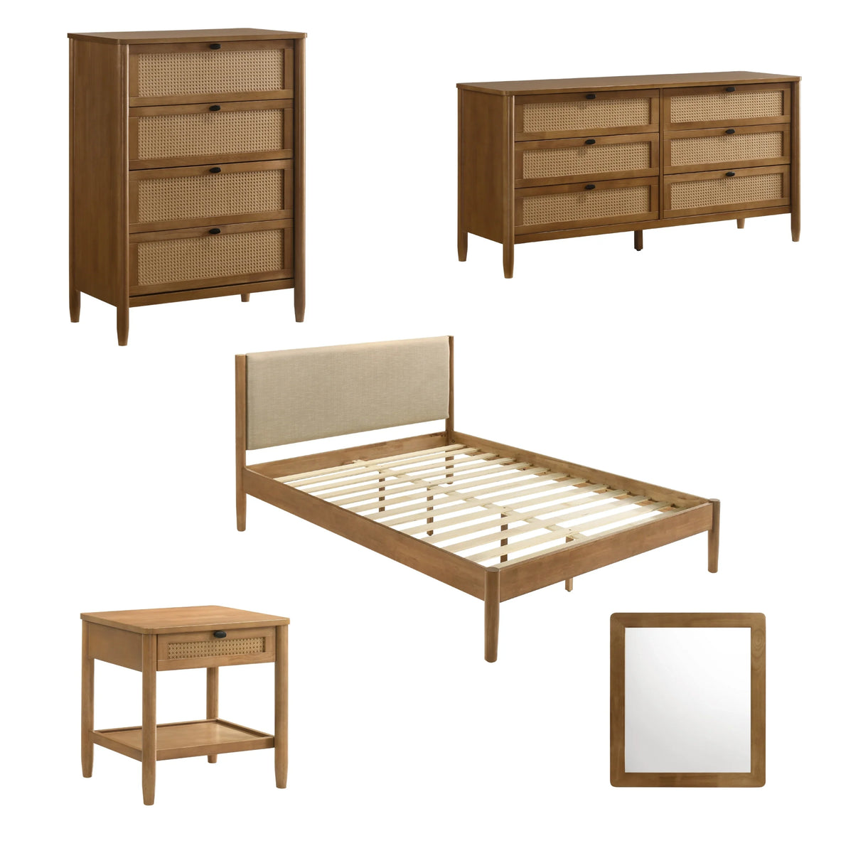 Bedroom Set 5 Piece Contemporary Solid Rubberwood Walnut - Furniture Home Direct