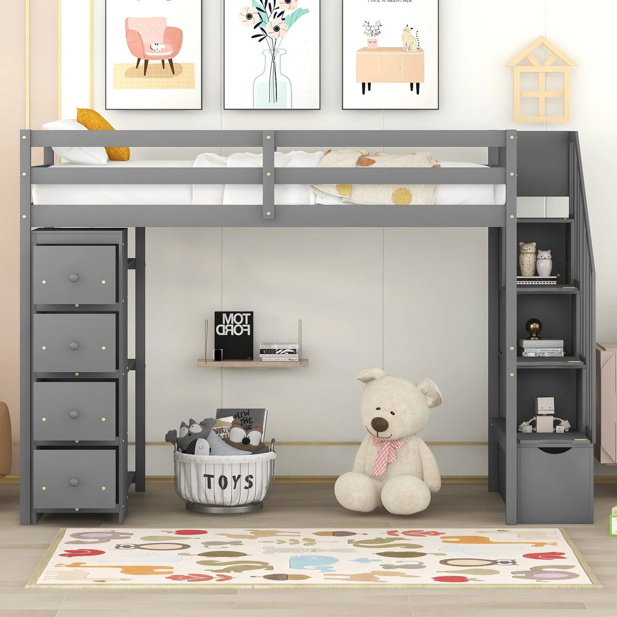 Loft Bed With Storage Drawers And Stairs With Shelves - Furniture Home Direct