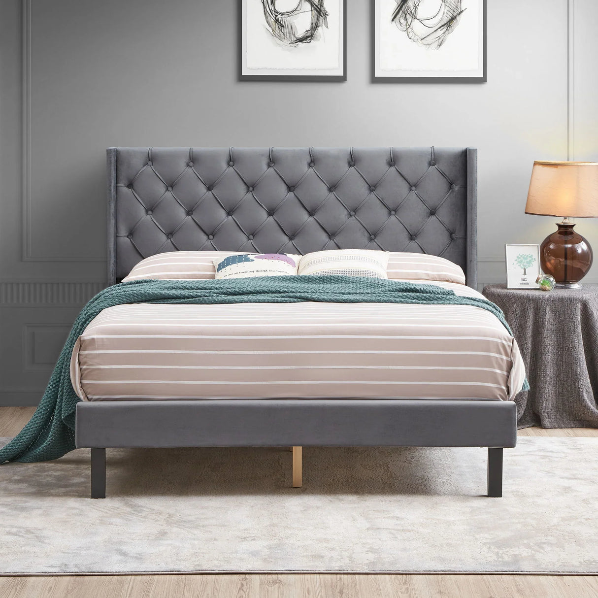 Queen Platform Tufted Upholstered Bed With Wings Design, Strong Wood Slat Support - Gray - Furniture Home Direct