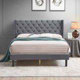 Queen Platform Tufted Upholstered Bed With Wings Design, Strong Wood Slat Support - Gray - Furniture Home Direct