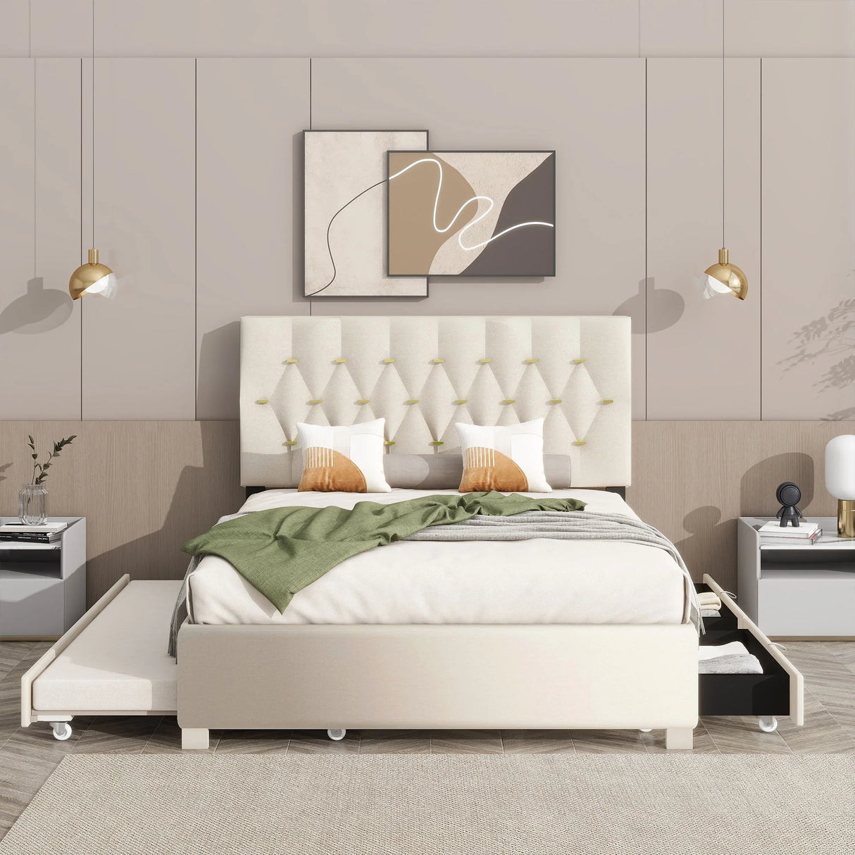 Queen Bed With Pull Out Trundle & Storage Drawers, No Box Spring Required, Space Saving Design - Beige - Furniture Home Direct